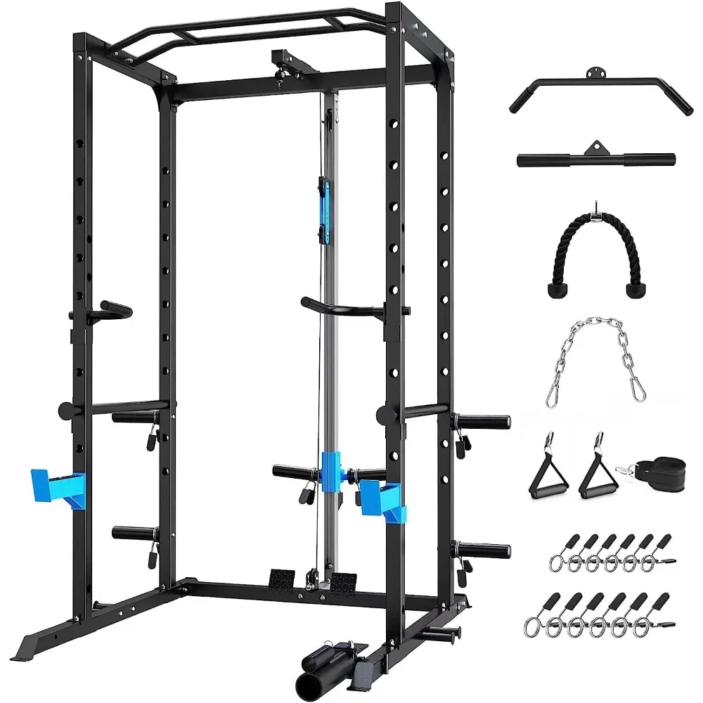 

Multi-Functional Power Rack with J-Hooks, Dip Handles, Landmine Attachment and Optional Cable Pulley System for Home