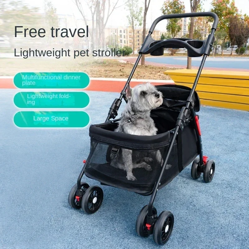 Pet Cat and Dog Universal Carrier Bag Large Vision Car Dogs Basket Pulley Pet Stroller Lightweight Folding Dog Cage