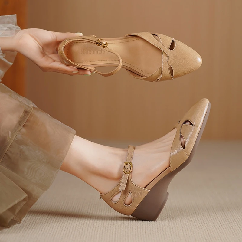 

NEW Summer Women Sandals Genuine Leather Shoes for Women Pointed Toe Chunky Heel Shoes Cover Toe Cover Heel Buckle Strap Sandals