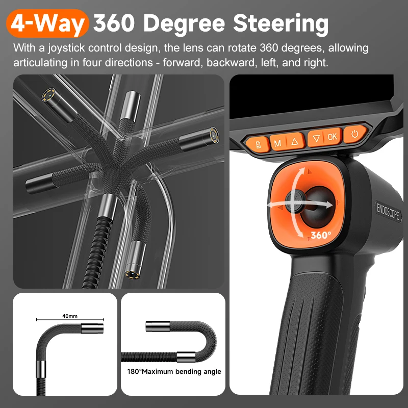 4-Way Articulating Endoscope Joystick 5’’ Screen All Way 360° Rotation Steering Camera Car Inspection Borescope Battery Optional