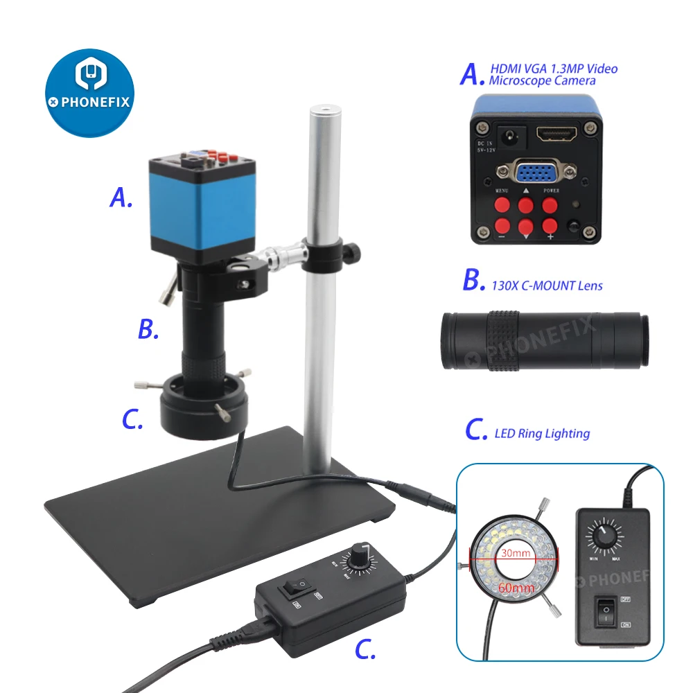 HD 1080P HDMI VGA Digital Microscope for Electronic Soldering 1-130X C-Mount Lens 13MP Microscope Camera USB 40 LED Ring Light