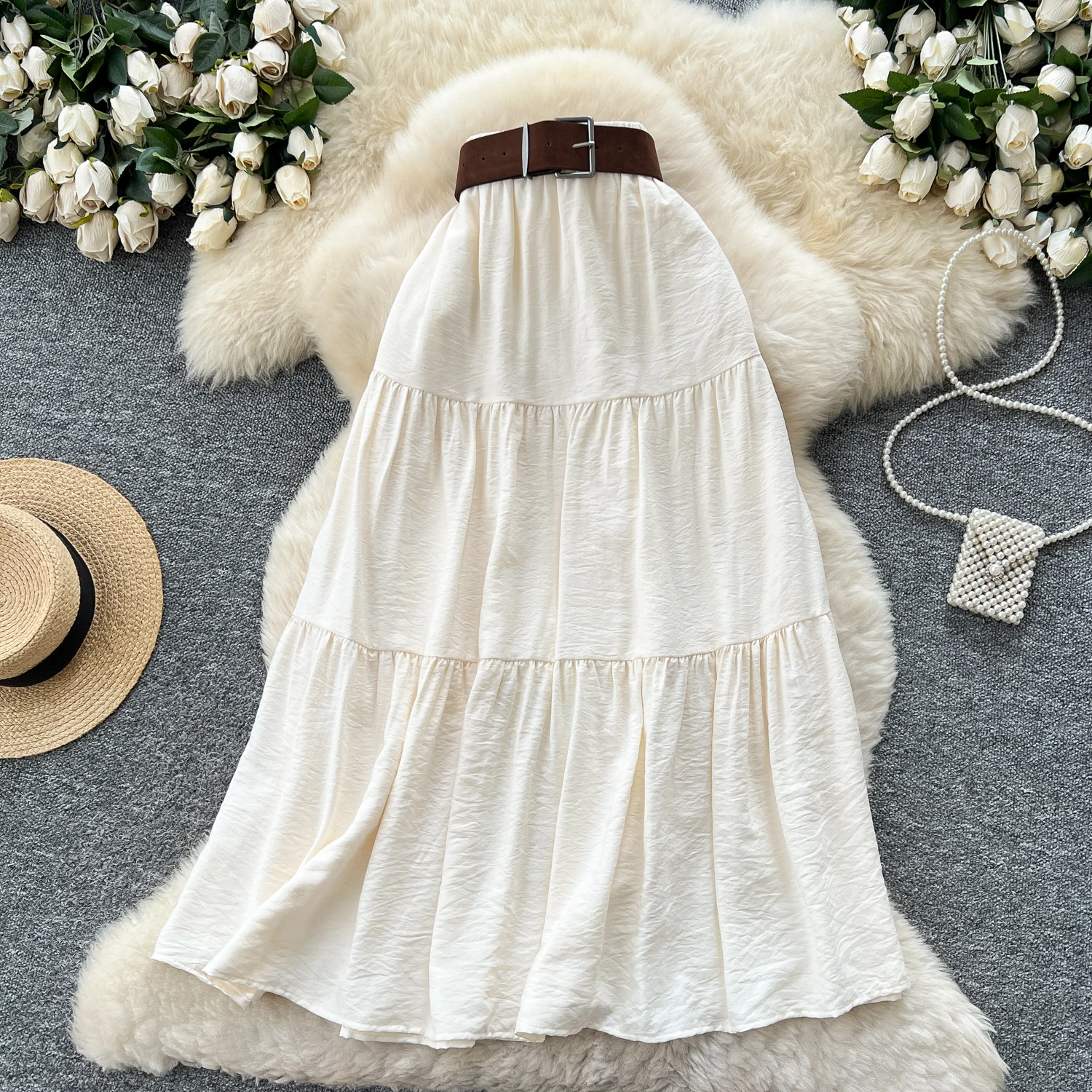 

Шикарная винтажная элегантная прямая юбка трапециевидной формы с поясом и рюшами, корейская уличная одежда, уличная осенняя одежда