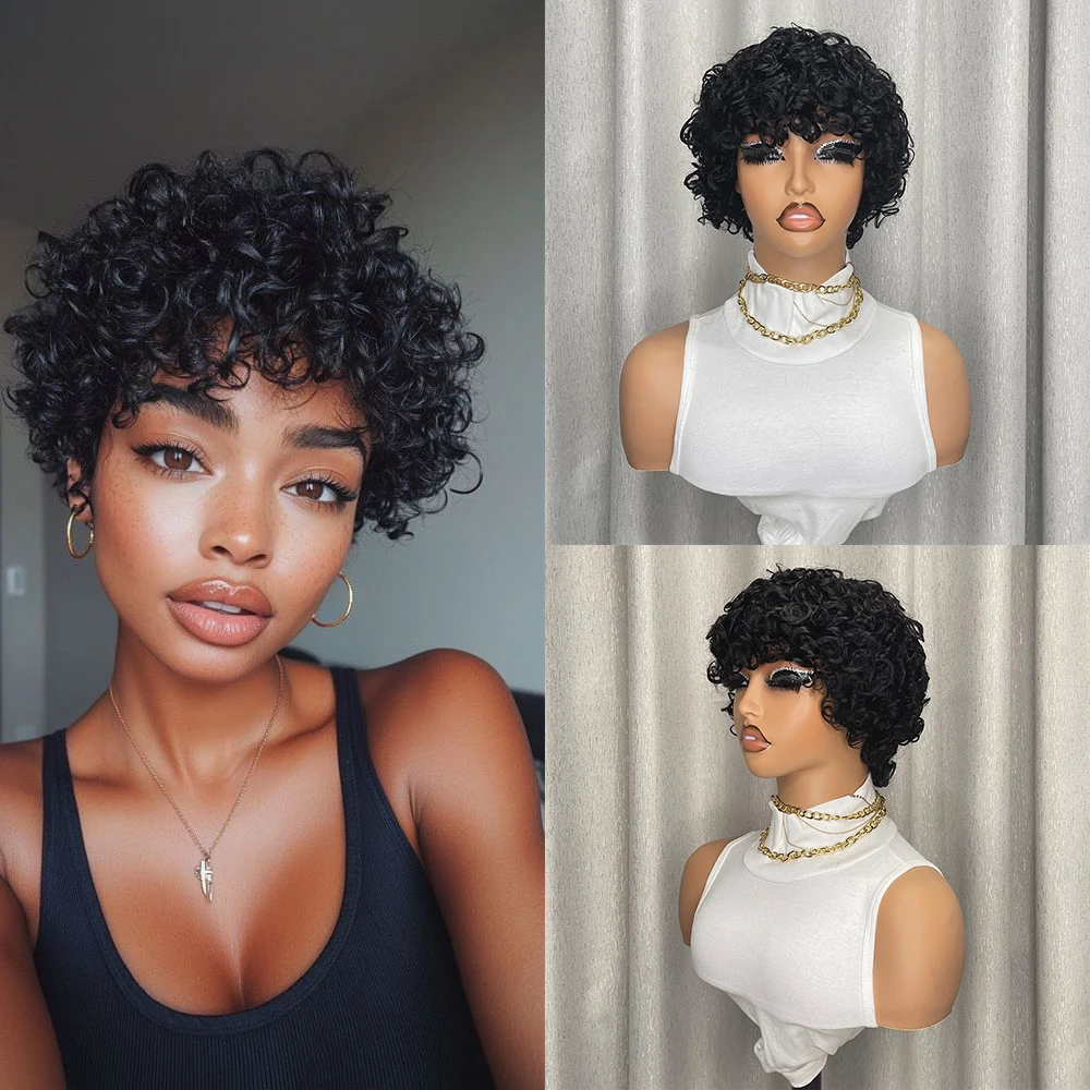 Peruki z brazylijskich włosów naturalnych, krótka fryzura pixie, kręcone włosy typu water wave, bob, 100% ludzkie włosy, w pełni wykonane maszynowo, do codziennego użytku, peruki z głębokimi falami.