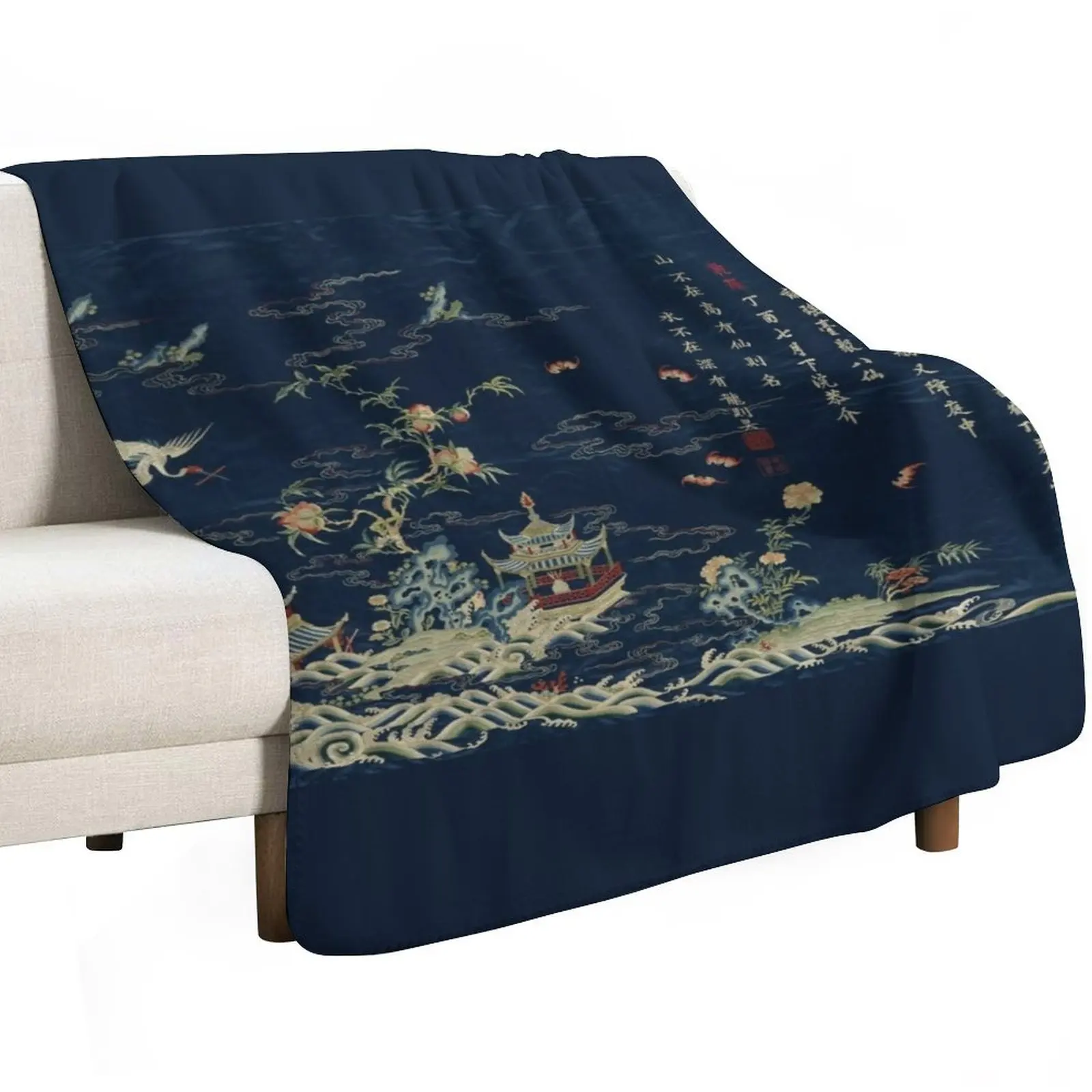 Panel with cranes over an immortal land embroidery Throw Blanket Cozy Microfiber Throw Blanket for Home Bedroom