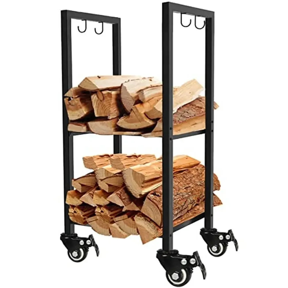 

Firewood Log Storage Rack with Lockable Wheels 2-Tier Shelf Organizer Outdoor Indoor Fireplace Patio Stand Rust Resistant Grey