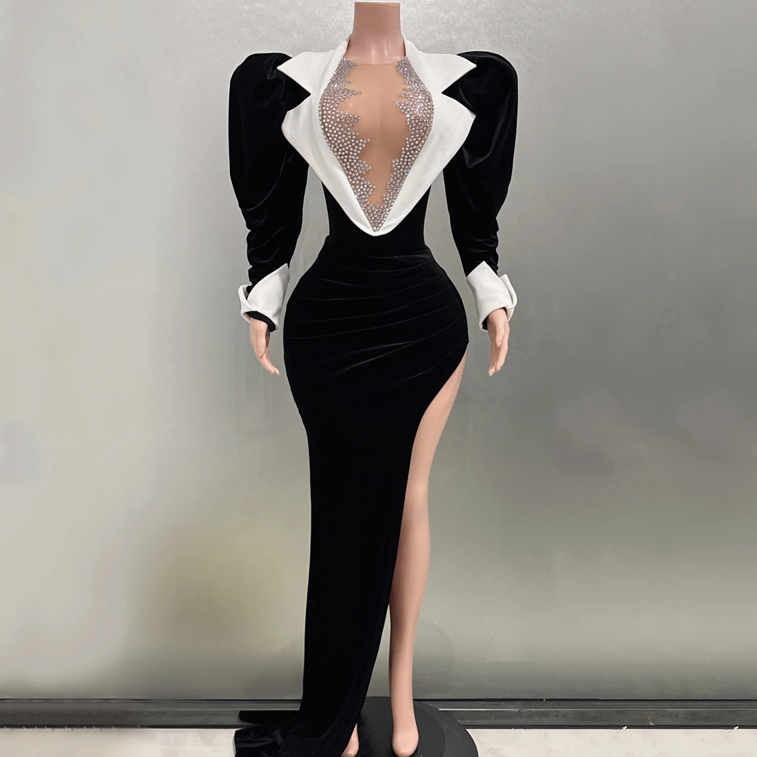 White Turn-Down Collar Puff-Sleeve Black Velet Sexy Bodysuit Slit Skirt Evening Party Performance Costume Nightclub Stage Wear