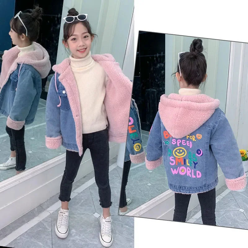 

Single-breasted Warm Fleece Denim Hooded Coats Baby Girl Winter Clothes Fashion Cartoon Print Long Sleeve Girls Jackets Kid Coat