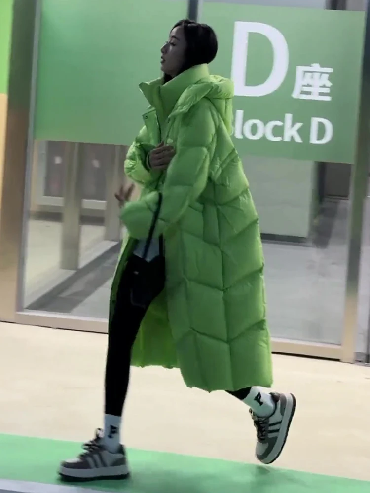 Women Green Long Down Coat 2025 Winter Oversized Duck Down Jacket Warm Knee Length Padded Parka