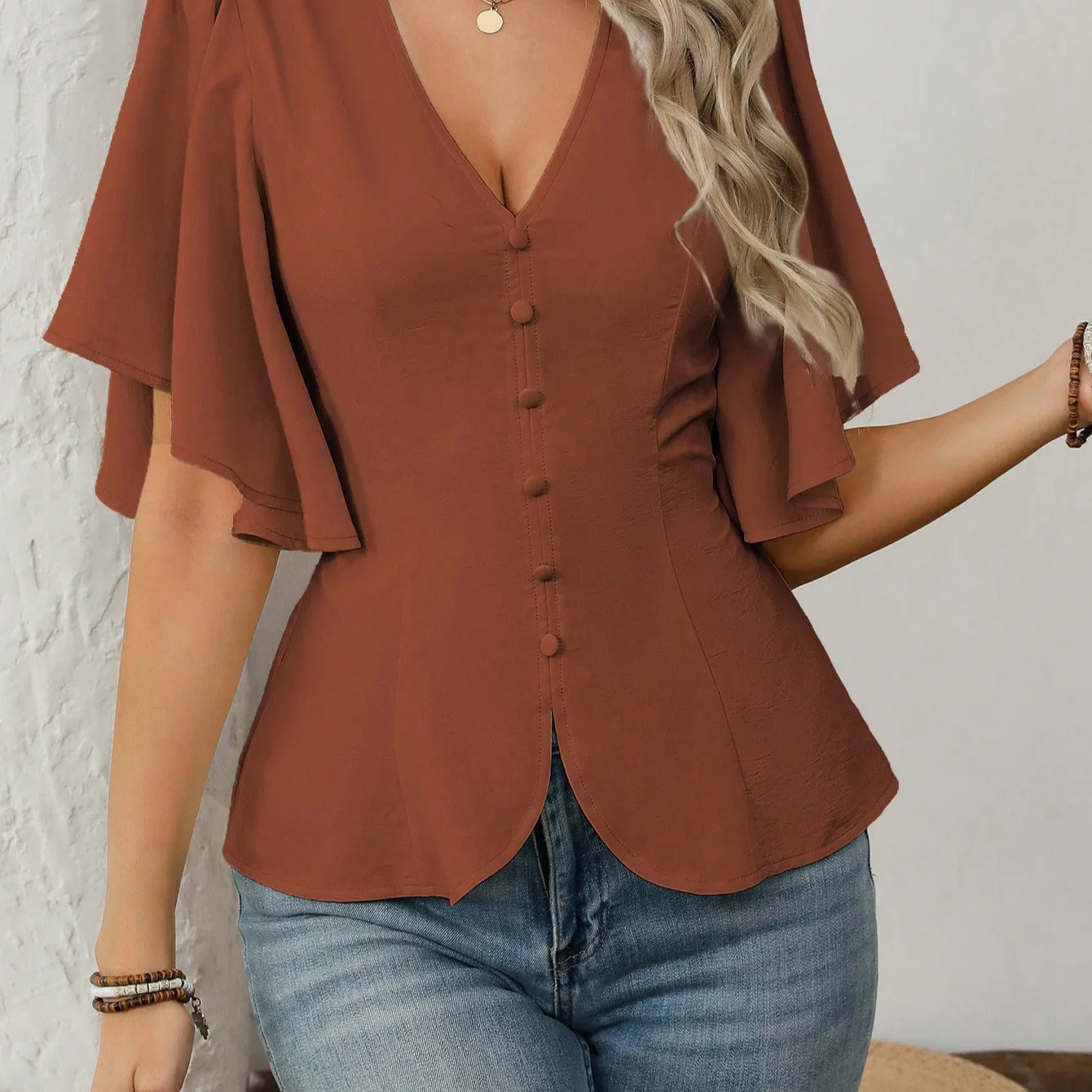 

2026 Fashion Temperament Wind Deep V-Neck Solid Color Single-breasted Waist Women's Short Sleeve Top