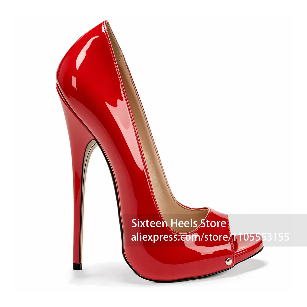 

16cm Rivet Peep Toe Pumps Sexy Fetish Style Lacquered Heel Stilettos Black Patent Leather Handmade High Heeled Shoes for Women