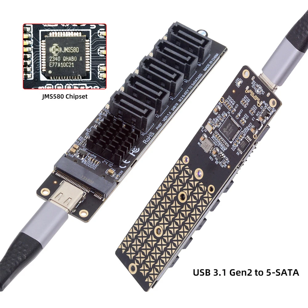 CableCC 10Gbps Type-C USB-C to 5 Ports SATA 6Gbps NGFF Key B+M Adapter Converter PM Port Multiplier Selector JMB575 JMS580