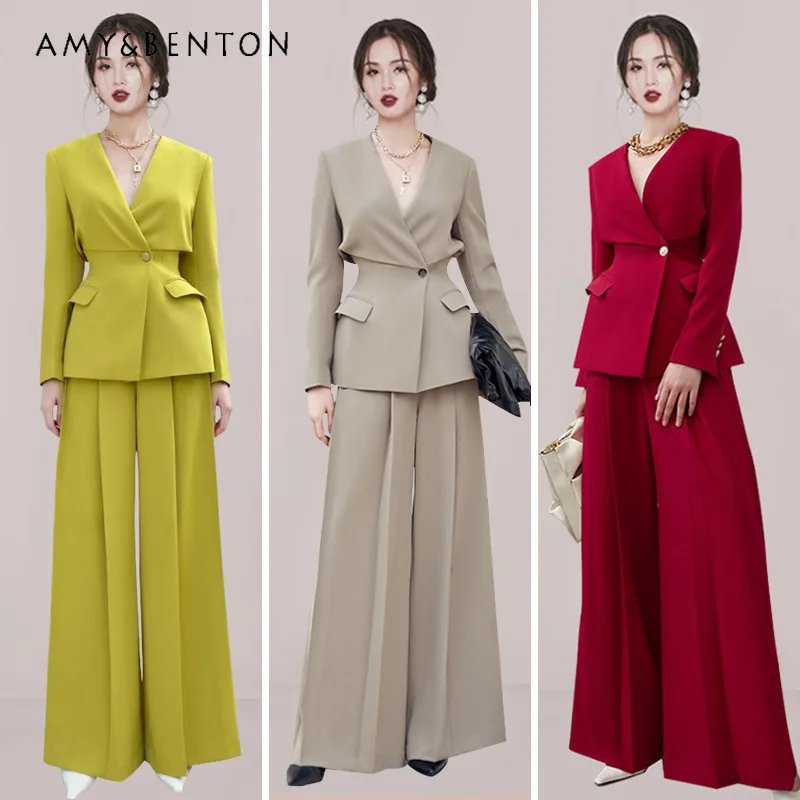 Autumn Winter Bright Color V-neck Slim Suit Jacket High Waist Wide Leg Pants Office Lady Graceful 2 Piece Sets Womens Outfits