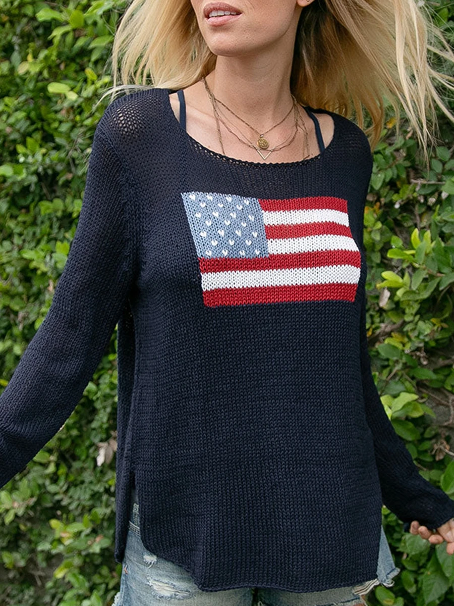 

Womens American Flag Sweatershirt Jumper Long Sleeve Letter Knit Pullover Cute Top 4th of July Sweater