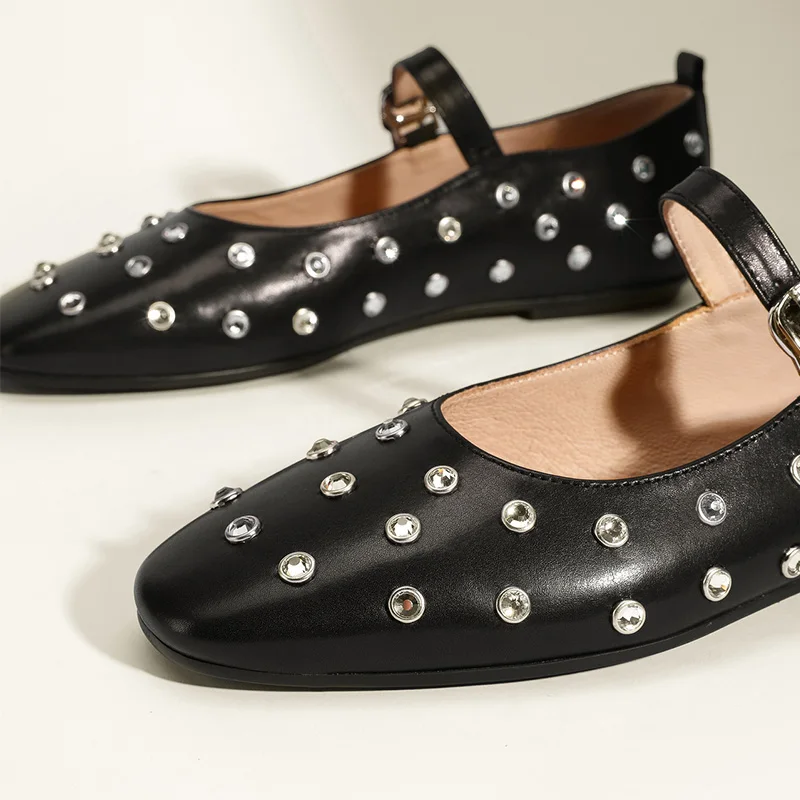 Onlymaker Women Black Round Toe Rivets Mary Jane Flats Buckles  Woman Fashion Summer Flats Shoes