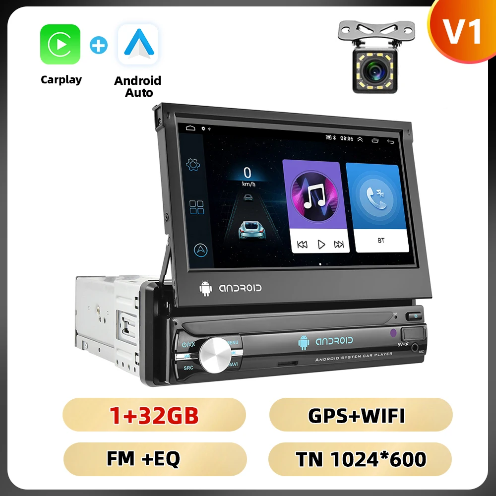 Podofo 1Din 7 ''Auto Multimedia Speler 8 + 128G 8Core Autoradio Carplay Android Auto WIFI GPS Navigatie Intrekbaar Scherm Stereo