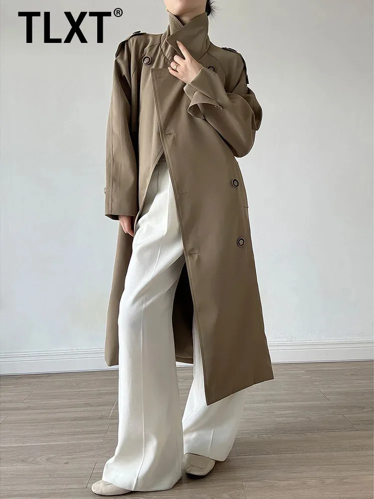 

TLXT Fashion Women's Elegant Windbreaker British Style Lapel Double Breasted Long Sleeve Design Coats Female Winter 2025 New