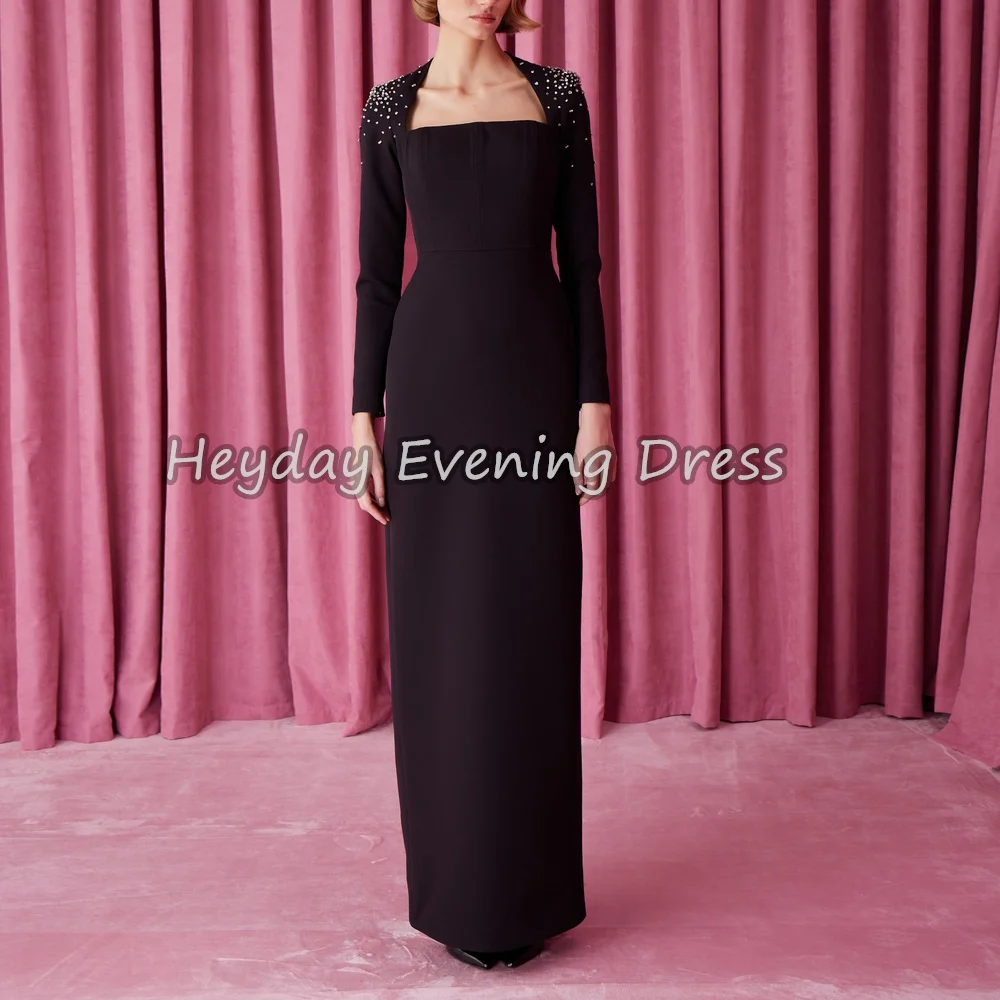 

Heyday Straight Crepe Square Neck Beading Floor Length Simple Saudi Arab Evening Party Dresses For Women 2025 With Long Sleeves