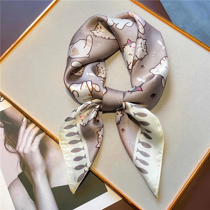 Luxury Brand 2024 Silk Square Scarf Women Cat Neck Hair Tie Band Beach Hijab Kerchief Head Headbands Bandana Female Foulard 70cm