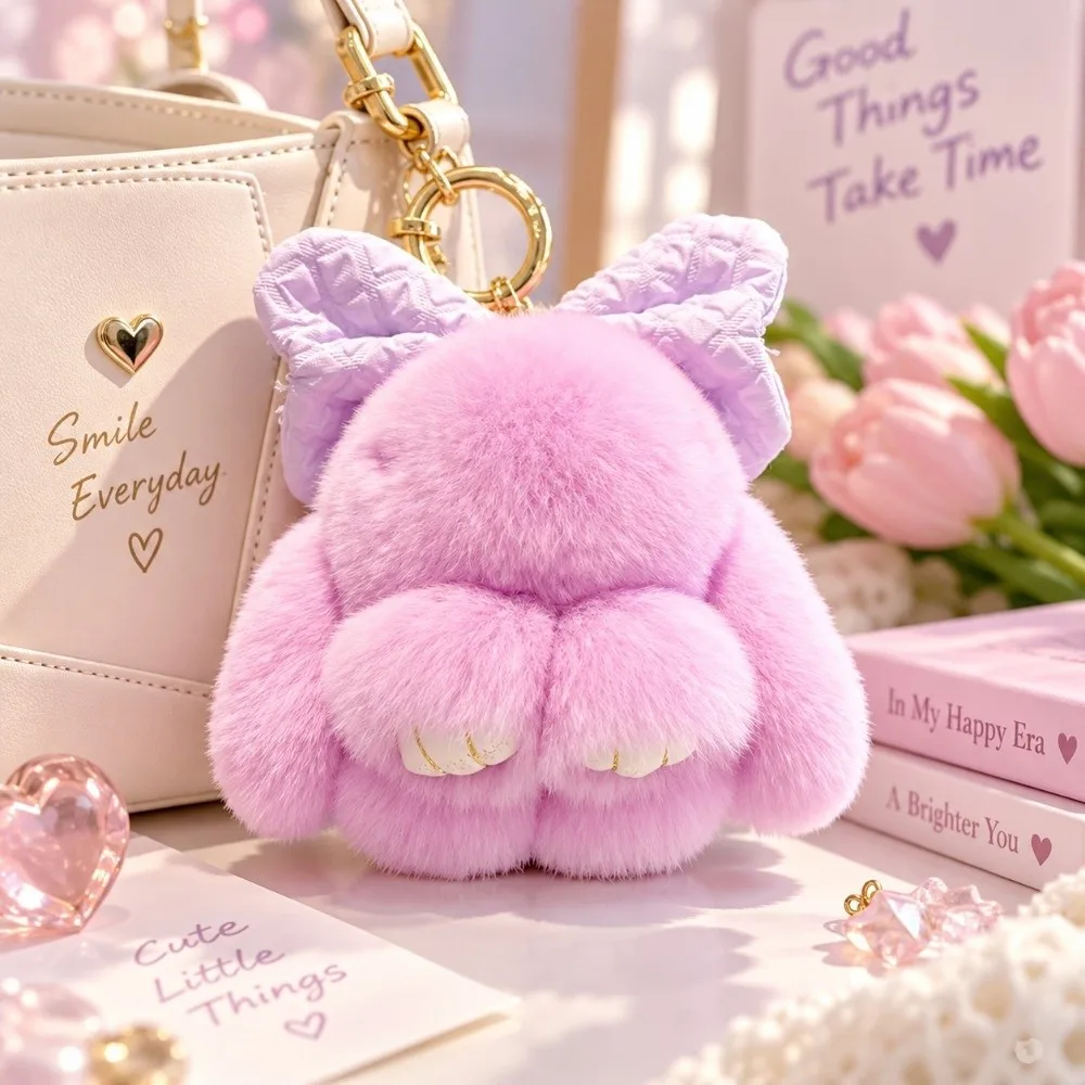 Weicher, flauschiger Kunstfell-Kaninchenfell-Schlüsselanhänger, hängende Ornamente, Pompon-Plüsch-Kaninchen-Schlüsselanhänger, Plüschpuppen, Kawaii-Häschen-Anhänger für Damen – Detail 3
