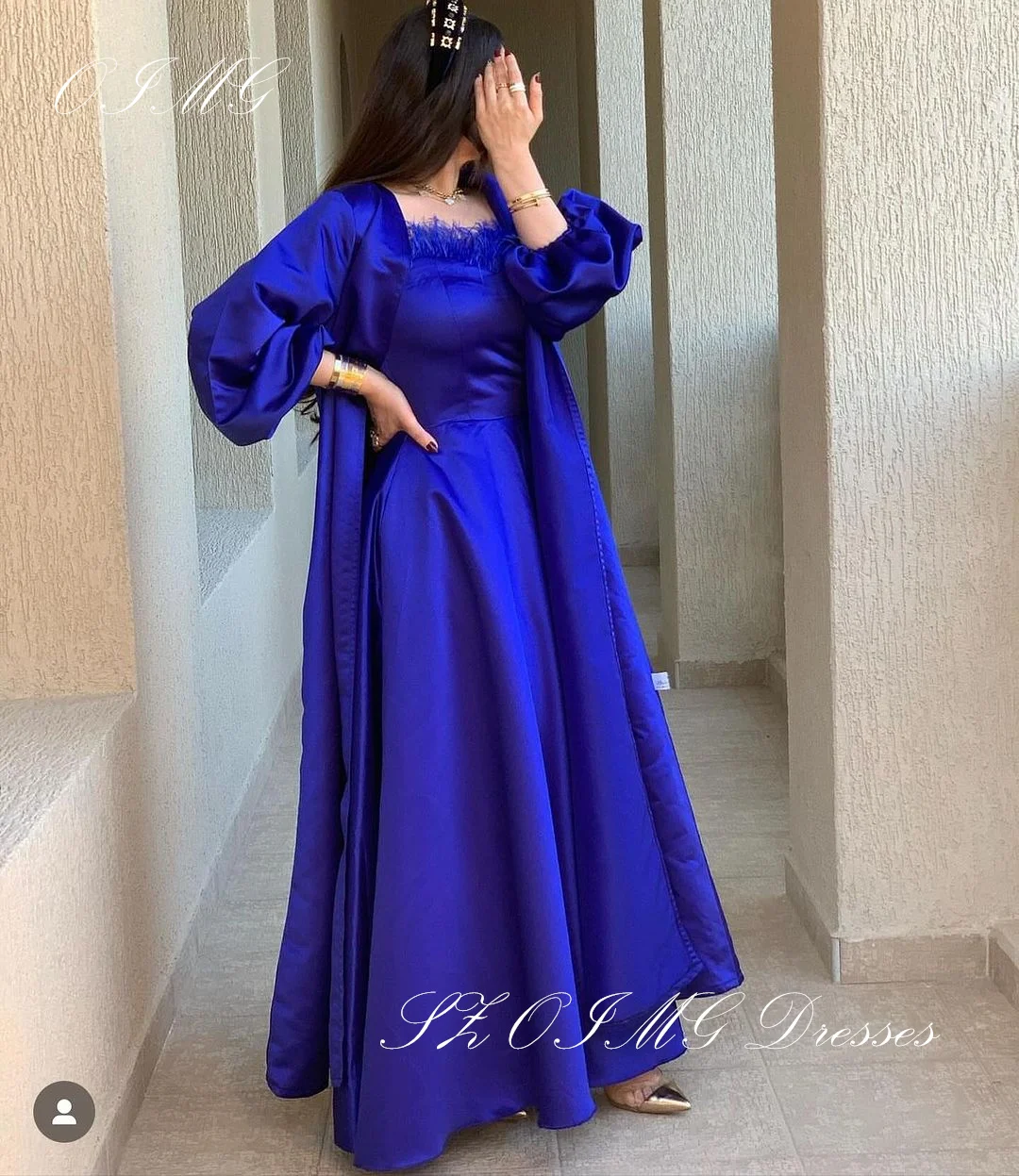 

OIMG Strapless Vintage Blue Prom Dresses Long Sleeves Women Satin Feathers Simple Evening Gowns Occasion Formal Party Dress