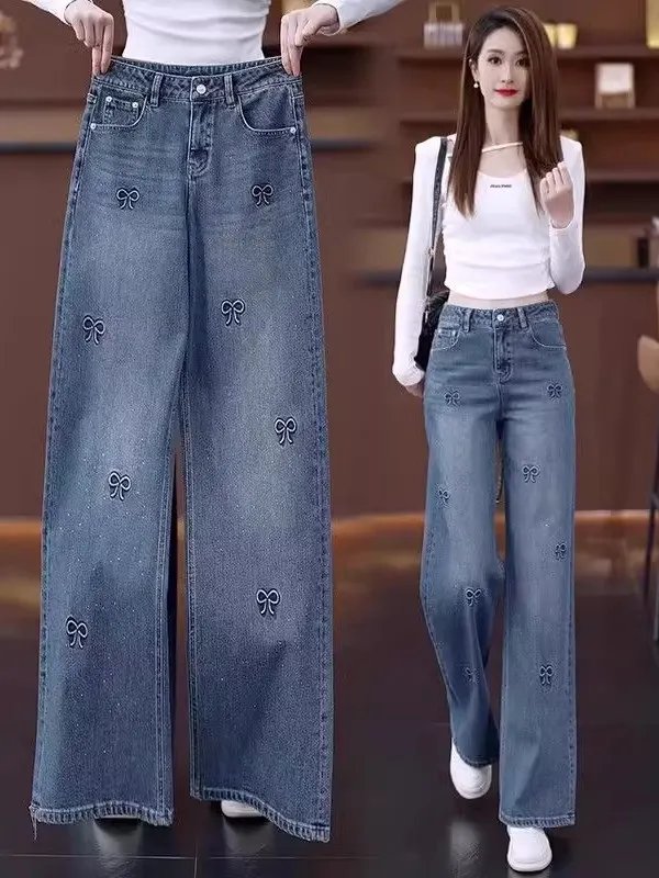 

Женские прямые джинсы с высокой талией, блестящий дизайн, весна-осень, свободный крой, широкие брюки, облегающие повседневные джинсы High Street Faion