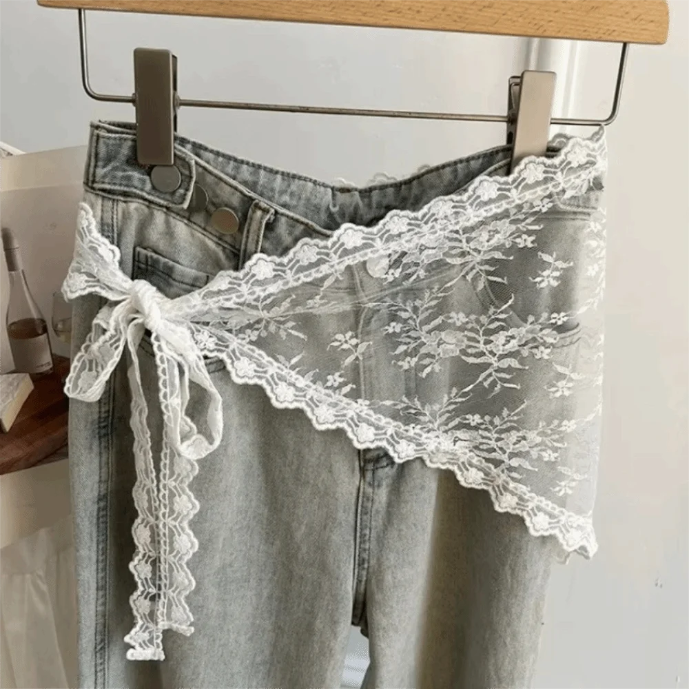 

Fashion Y2K Triangle Apron Flower Korean Style Lace Half Skirt High Waist Lace-up Outwear Mini Skirt Party