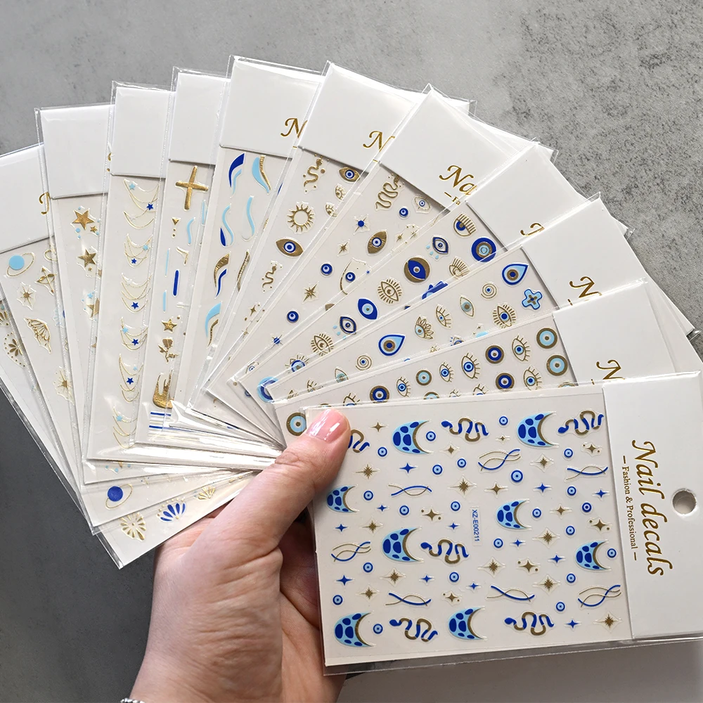 1 hoja de pegatinas 3D para uñas de estrella mal de ojo, pegatinas autoadhesivas para uñas de serpiente y estrella dorada azul, suministros para uñas de diseño francés de Halloween para verano