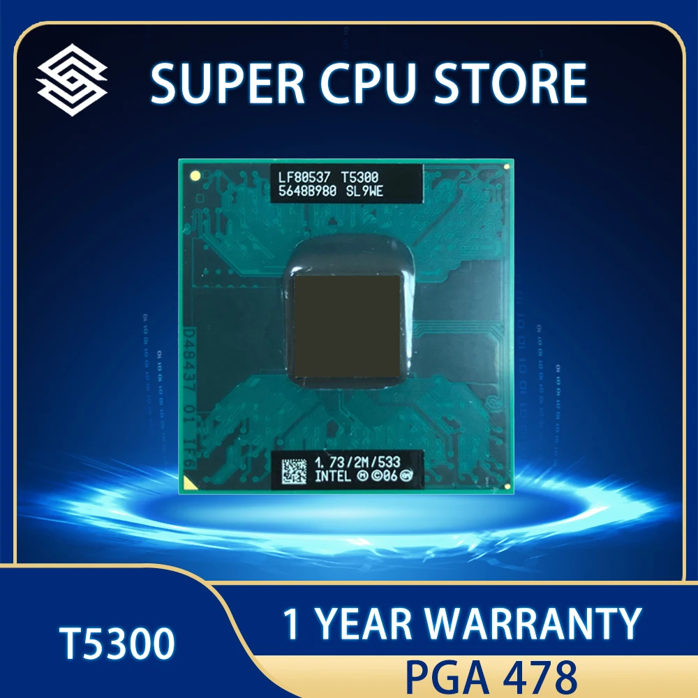 

Intel Core 2 Duo T5300 SL9WE 1.7 GHz Dual-Core Dual-Thread CPU Processor 2M 34W Socket M / mPGA478MT