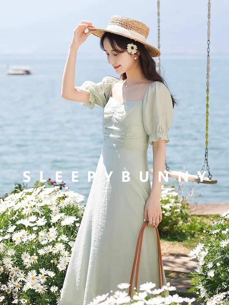 스퀘어 넥 퍼프 슬리브 셔링 미디 드레스, 로맨틱 코티지코어 스타일의 여름 우아한 슬림핏 A라인 홀리데이 롱 드레스