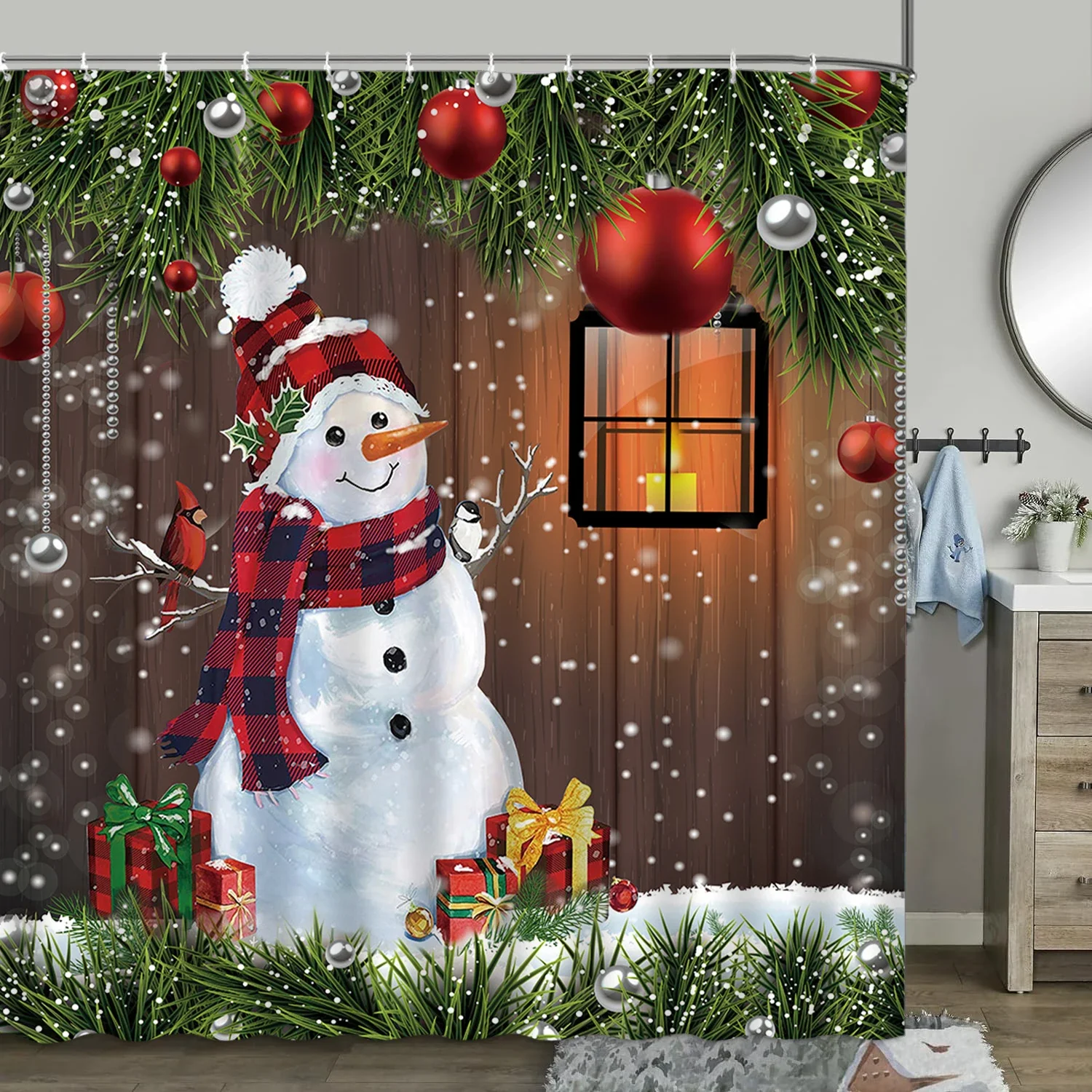 Christmas Shower Curtain, Winter Farm Snowman Truck Farmhouse Christmas Tree Cow Pig Christmas Balls Snowflake Bathroom Decor