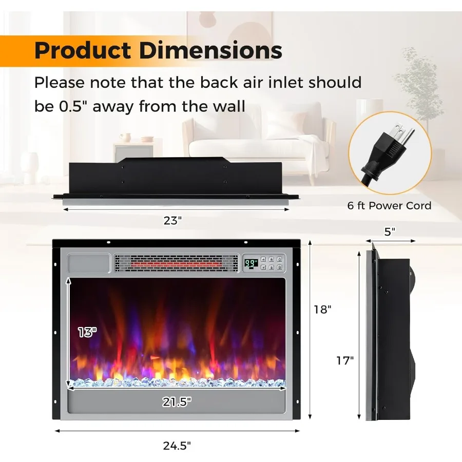 Electric Fireplace Inserts 23-inch Wide 1500W Recessed Fireplace Insert w/Remote Control 6 Flame Colors 5 Brightness 8H Timer O