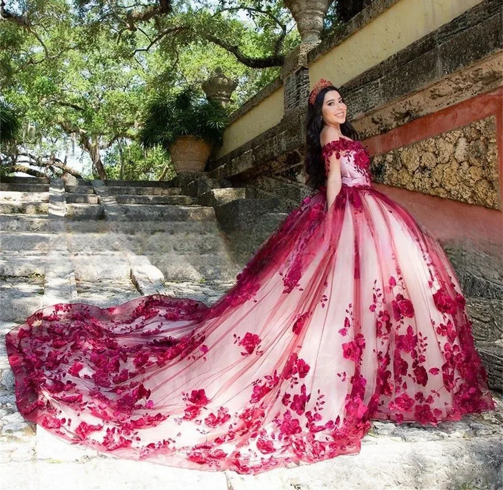 ANGELSBRIDEP 3D Floral Flowers Princess Quinceanera Dresses Wine Red Ball Gown Off The Shoulder Pearls Sweet 16 Dresses 15 Años