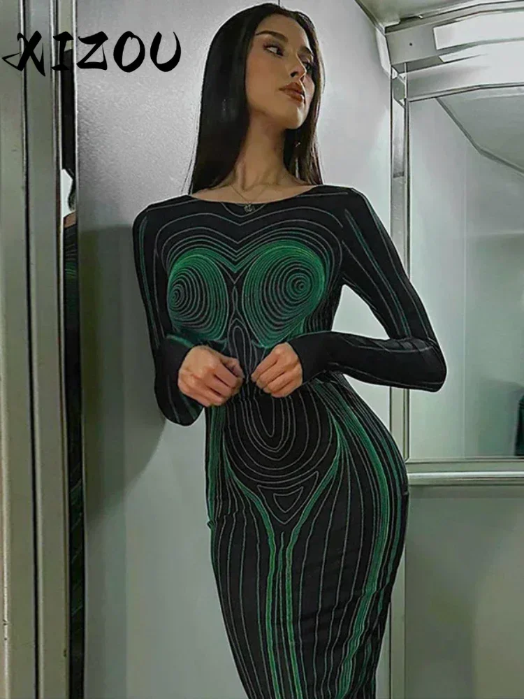 

XIZOU Striped Print Long Sleeve See Through Sexy Bodycon Maxi Dress 2024 Autumn Winter Women y2k Evening Party Clothing