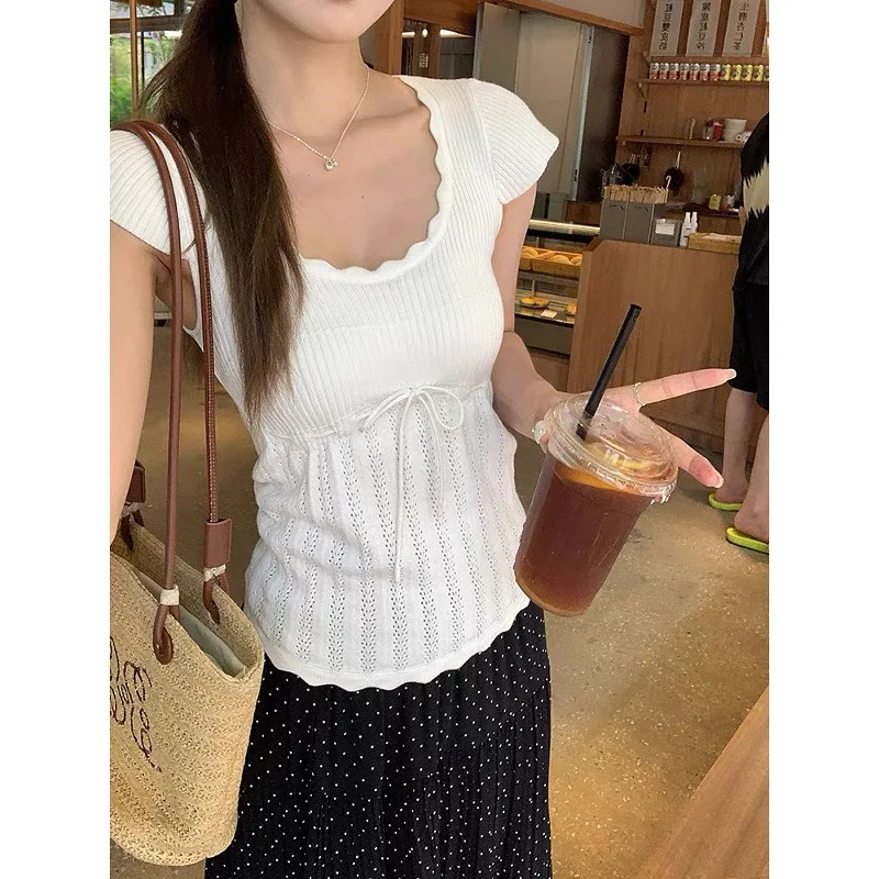 

2026 New Arrival Women's Hollow Out White V Neck Knit Tee Summer Korean Style Lace Up Scallop Edge Cute Elegant Short Sleeve Top