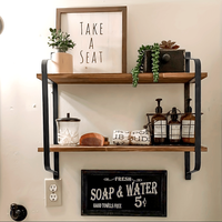 Rustic Floating Shelf with Brackets - Solid Pine Wood Wall Mounted Shelf | Dual-Tier Heavy Duty Storage & Display for Bathroom