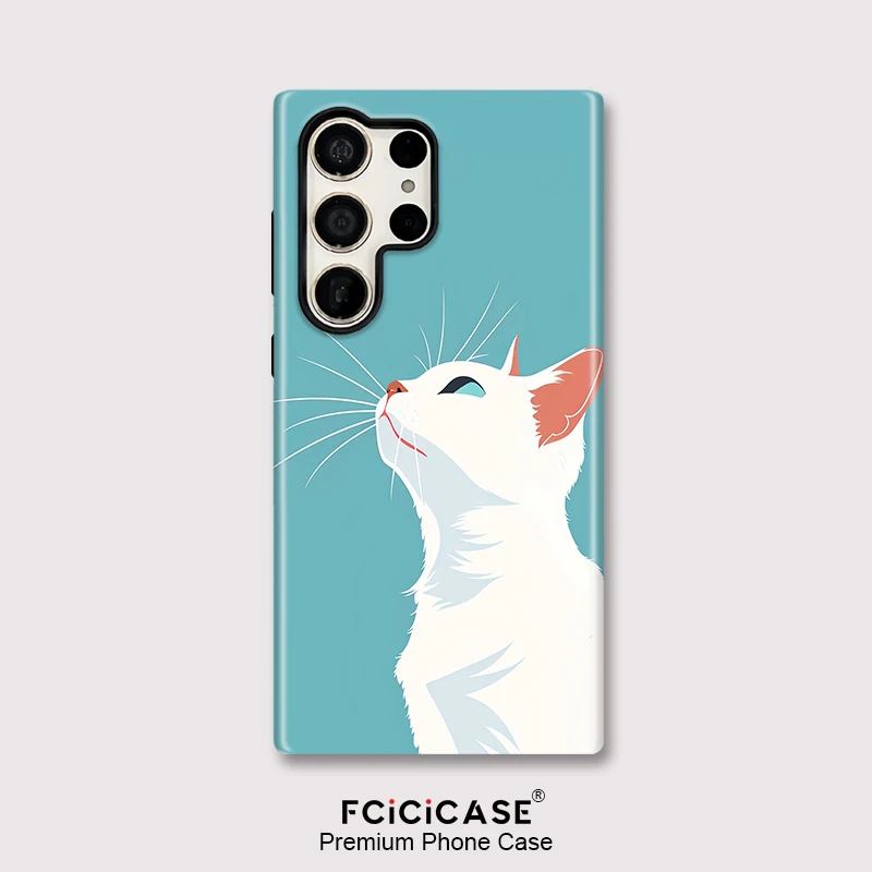 Fcicicase S26 Ultra Shockproof Matte Phone Case For Samsung Galaxy S25 Plus A26 A36 S24+ S23 A56 A16 White Cat Pattern Cover