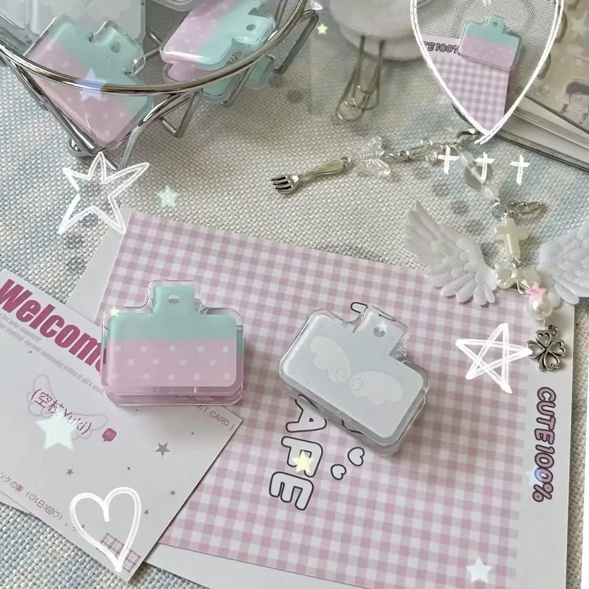 2PC Mix White Wing Square Strawberry Sticky Note Clip Retro INS Style High-Value Double-Sided Acrylic PP Clip Planner Clip Gift