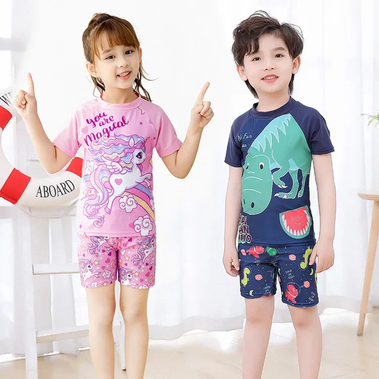 2024 Summer Children Beach Suits T-shirts+Shorts Unisex Boys Girls Two Pieces Swimwear Kids Cute Surfsuit Cartoon Print Swimsuit