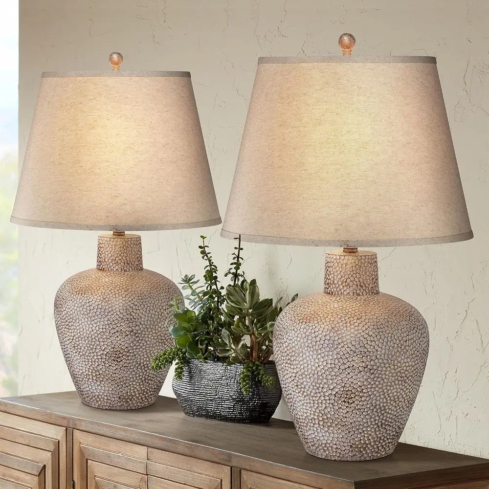 Rustic Farmhouse Style 29 Tall Table Lamp Set, Brown Hammered Metal Base, Off-White Empire Shade, Perfect for Home Decor