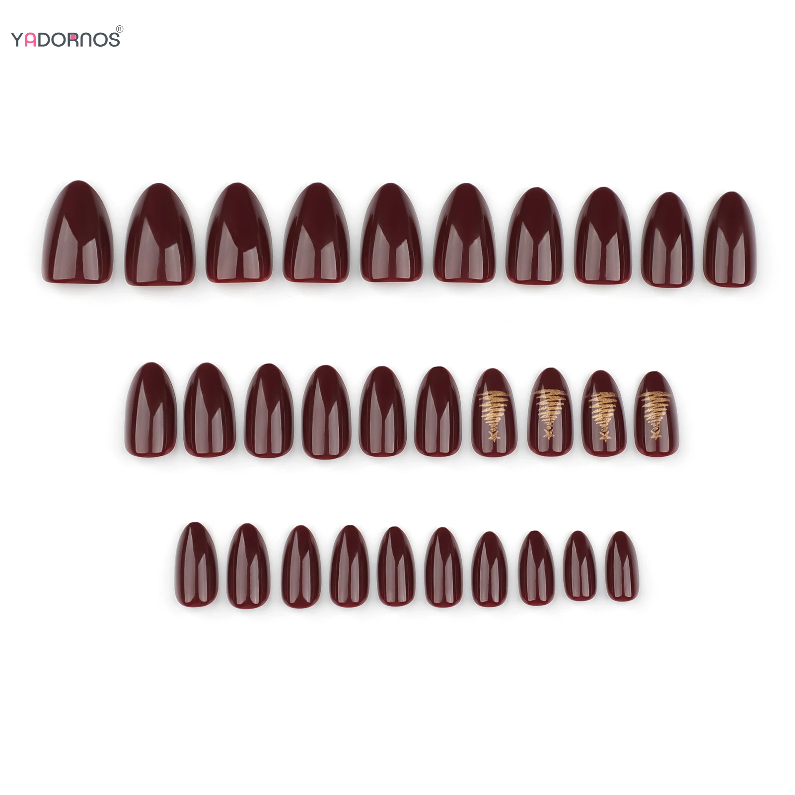 24 stuks kersenrode amandel kunstnagels goud kerstboom bedrukt herbruikbare pers op nagels eenvoudige charmes manicure voor vrouwen en meisjes