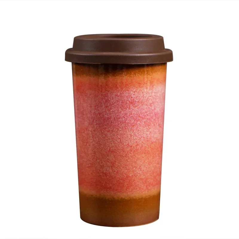 Kiln Ceramic Coffee Cup Gradient Water Cup with Silicone Cover Portable Coffee Cup Creative Office Home Retro Ceramic Cups