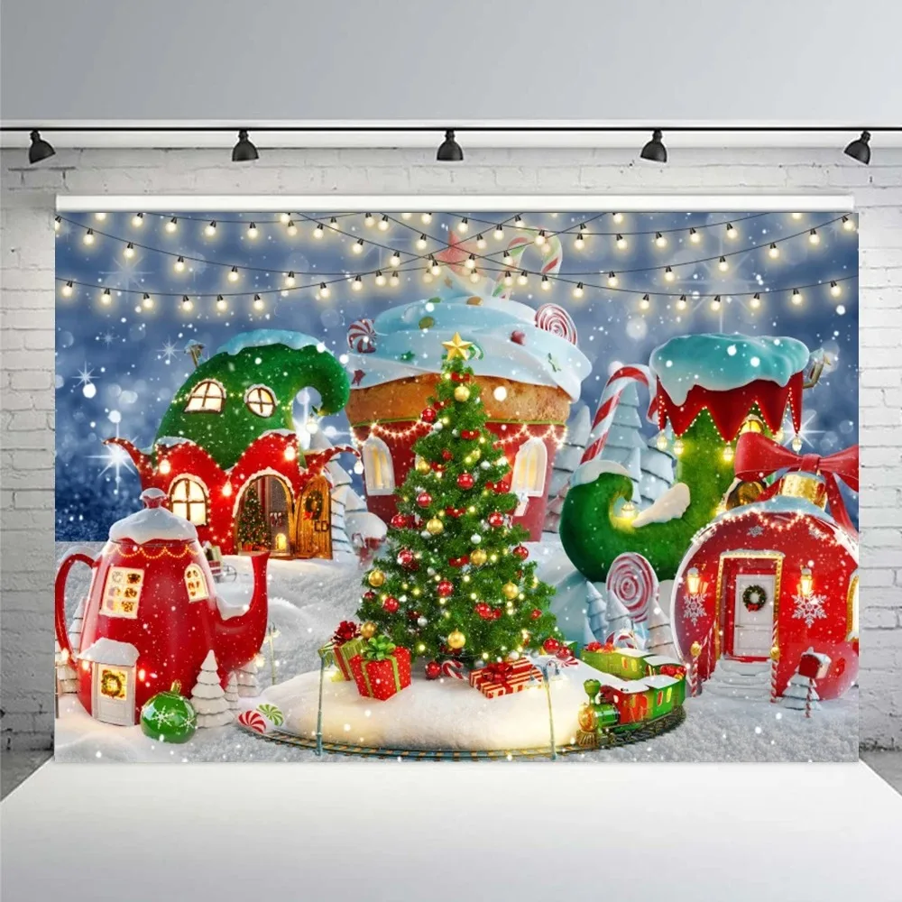 

Cartoon Christmas Village Photography Background, Winter Snow Candy House Pine Tree Family Gathering Photography Backdrop Props