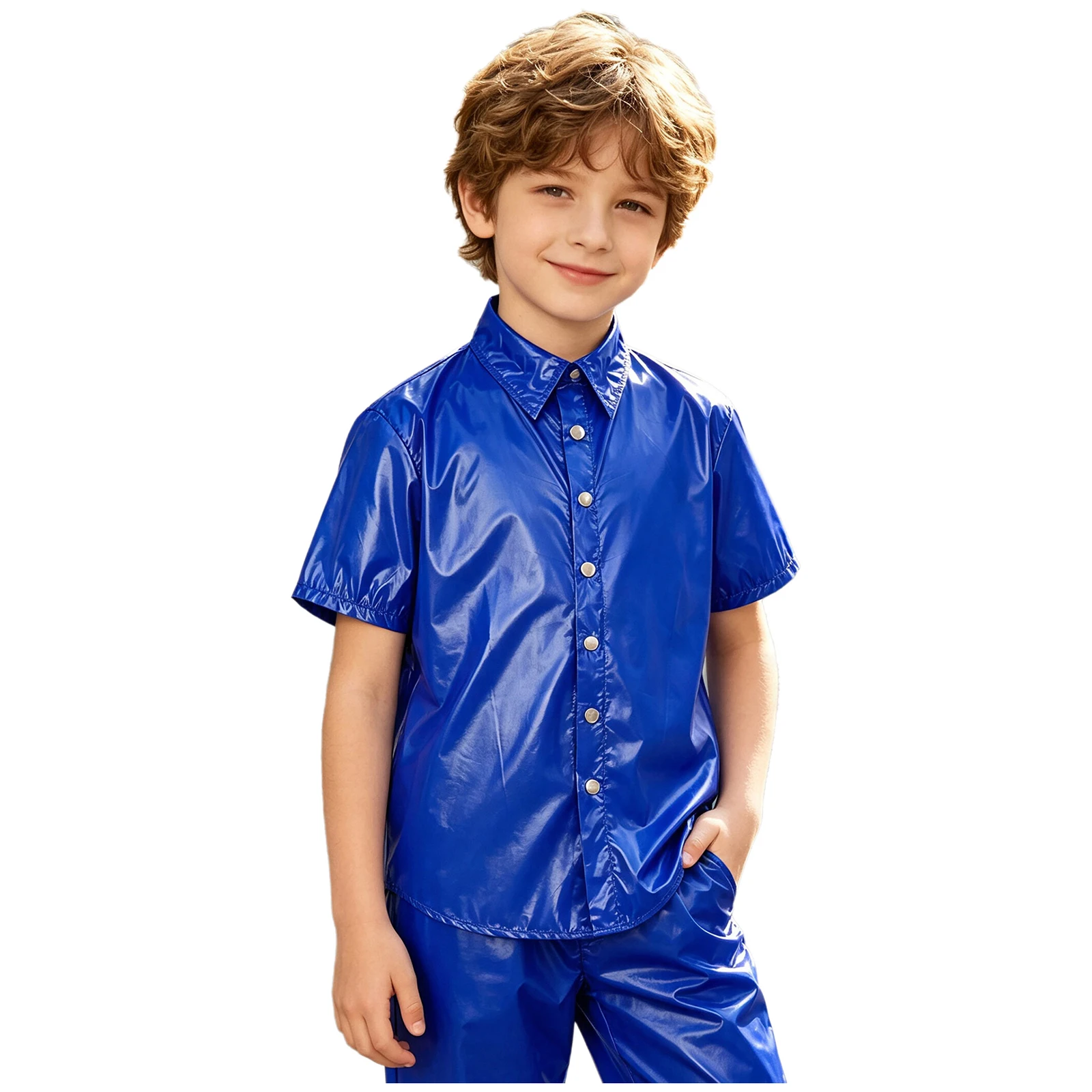Kids Boys Girls Water-resistant Shirt Turn-down Collar Short Sleeve Press Button Front Top for Casual Daily Life Special Needs
