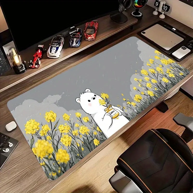 Cute Polar Bear Honey Blooming Flowers Extended Gaming Mouse Pad Durable Rubber Desk Mat Office Accessory