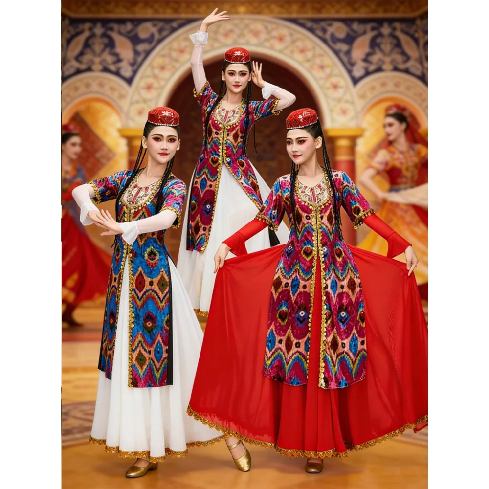 Woman Dance performance costumes for Xinjiang featuring ethnic style Uyghur stage attire with wide pleated skirts for dance.