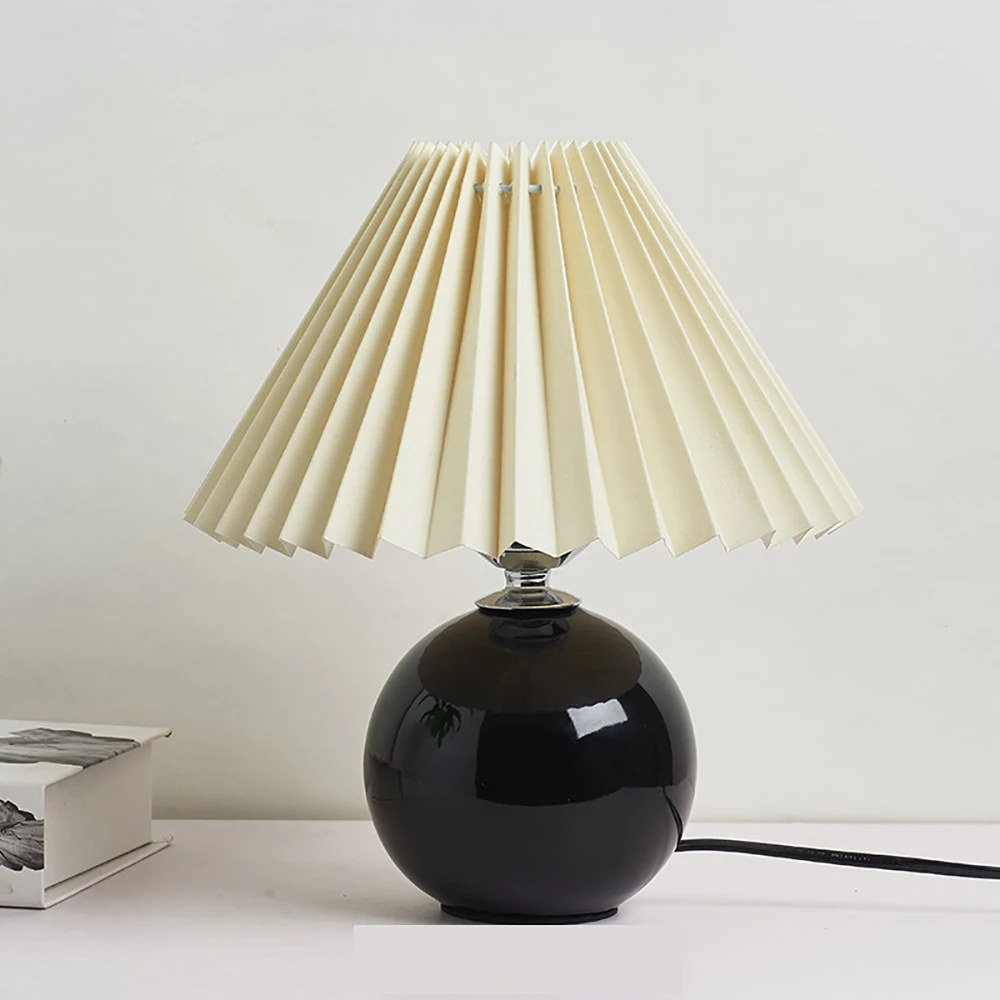 Vintage Pleated Table Lamp with LED E27 Tricolored Bulb Ceramic Base  AU US EU UK Plug Cute Decorative Night Light for Bedroom