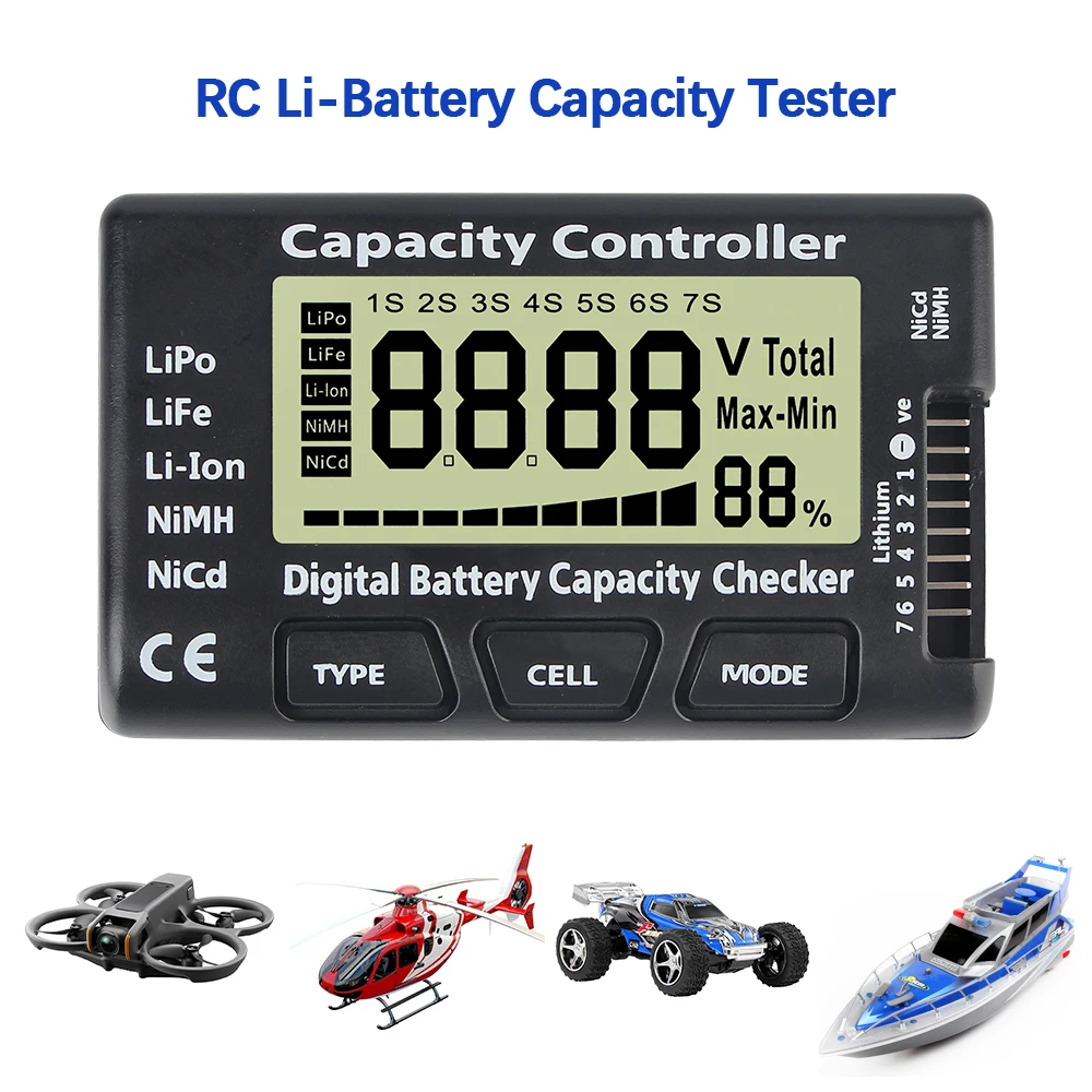 For Li-ion LiFe Nimh Nicd Lipo Batteries Battery Voltage Capacity Checker RC Cars Boats Power Battery Tester 1-7S CellMeter 7