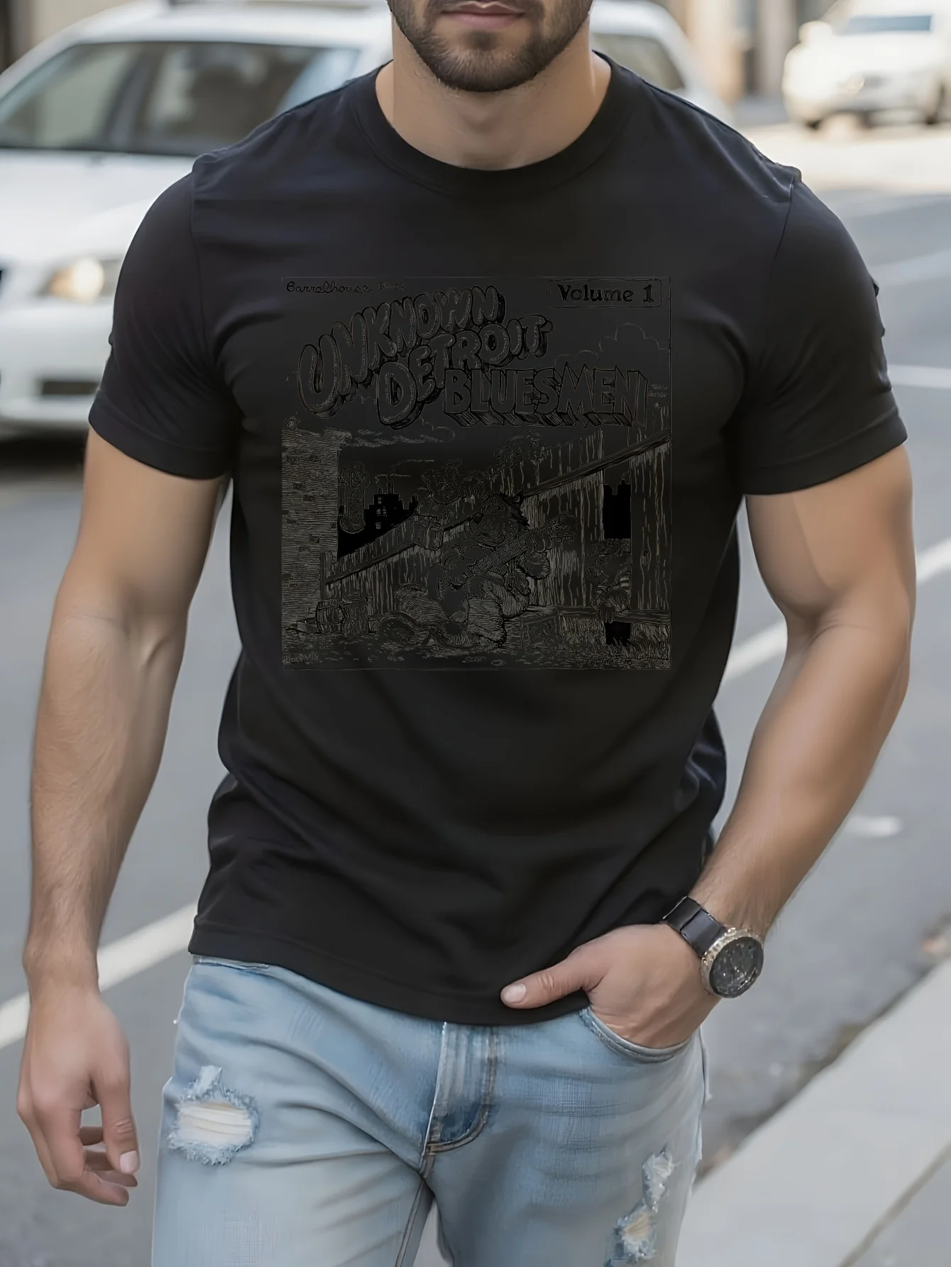 

"Unknown Detroit Bluesmen" T-Shirt /100% Cotton/R.Crumb Album Cover Design Beige,