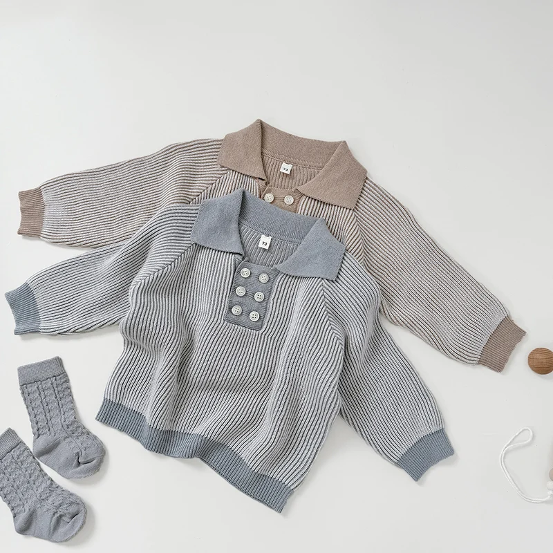 2026 ربيع جديد 0-3 سنوات ملابس الأطفال الوليد الطفل بنات بنين سترة الاطفال طويلة الأكمام محبوك مخطط البلوز سترة #1