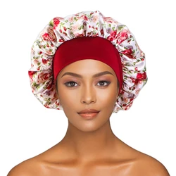 New flower print Sleeping Silky Bonnet Black Women Wide Elastic Band Night Cap For Sleeping Curly Bonnet Large Braids Locs Cover